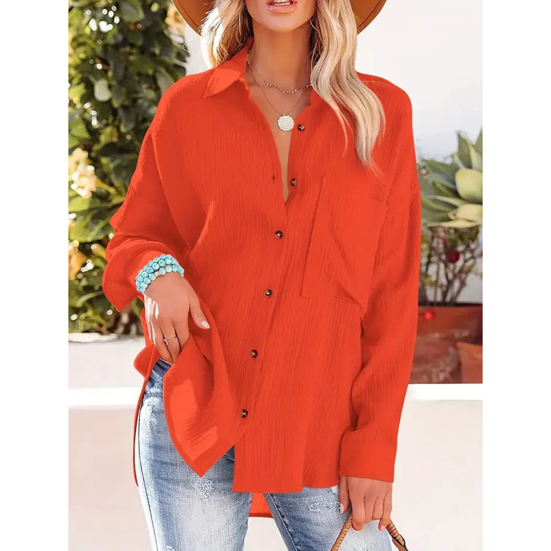 Damen Unifarben Bluse Knopfleiste Hemdkragen Langarm Elegante Bluse