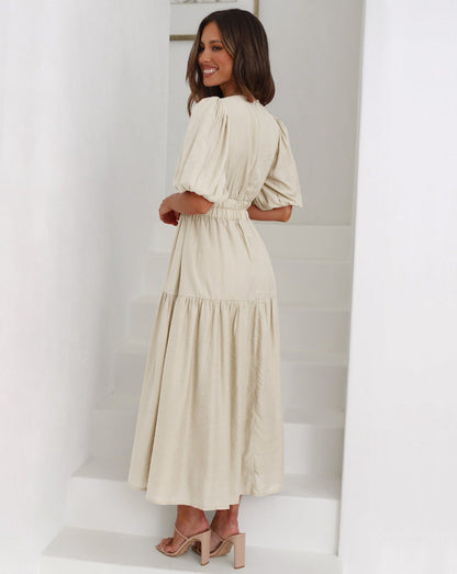 Damen Sommer-Midikleid V-Ausschnitt Puffärmel Einfarbig