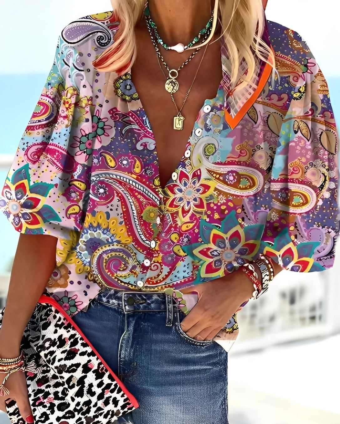 Damen Bluse mit Print Lockere Passform - Norvielle