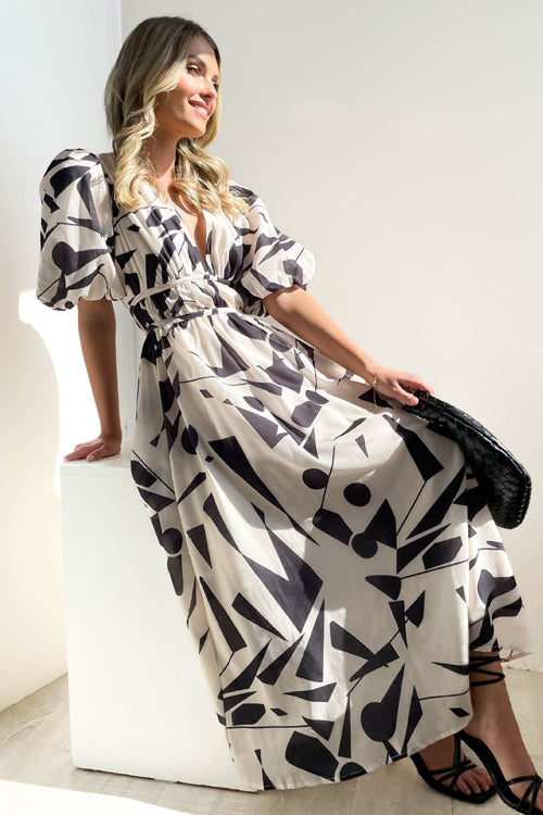 Norvielle Damen Maxi-Kleid Puffärmel Print
