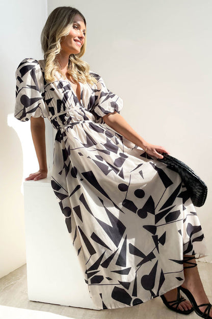 Norvielle Damen Maxi-Kleid Puffärmel Print