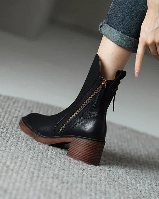 Schwarze Lederstiefel Damen Elegante Absatzschuhe - Norvielle