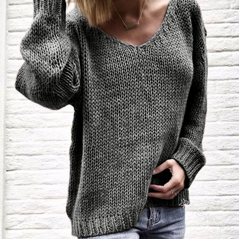 Damen Strickpullover V-Ausschnitt Grobstrick Locker Norvielle