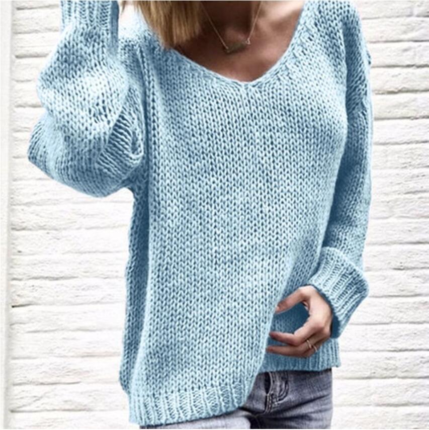 Damen Strickpullover V-Ausschnitt Grobstrick Locker Norvielle