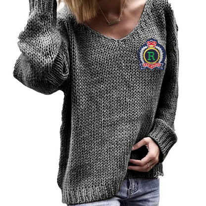 Damen Strickpullover V-Ausschnitt Grobstrick Locker Norvielle