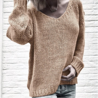 Damen Strickpullover V-Ausschnitt Grobstrick Locker Norvielle