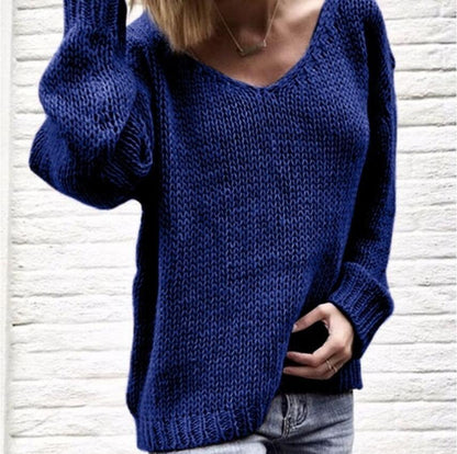 Damen Strickpullover V-Ausschnitt Grobstrick Locker Norvielle