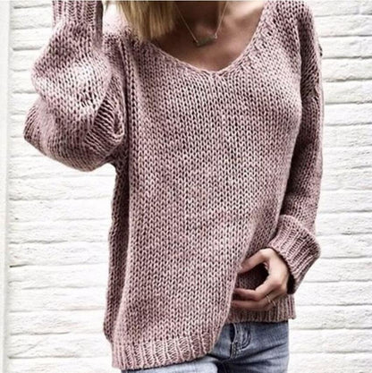 Damen Strickpullover V-Ausschnitt Grobstrick Locker Norvielle