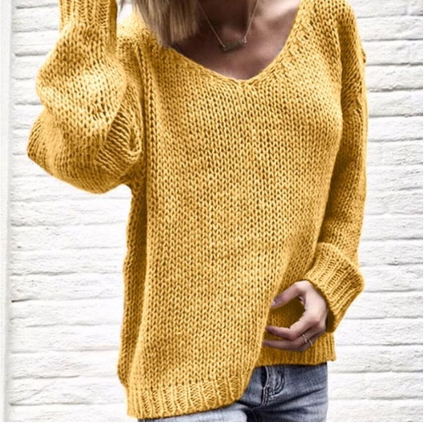 Damen Strickpullover V-Ausschnitt Grobstrick Locker Norvielle