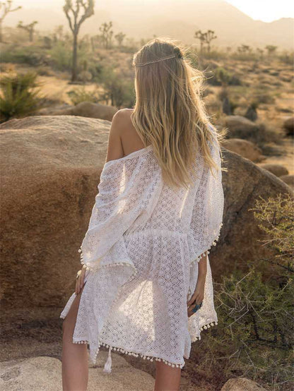 Damen Strandtunika Häkelmuster Pompons Norvielle