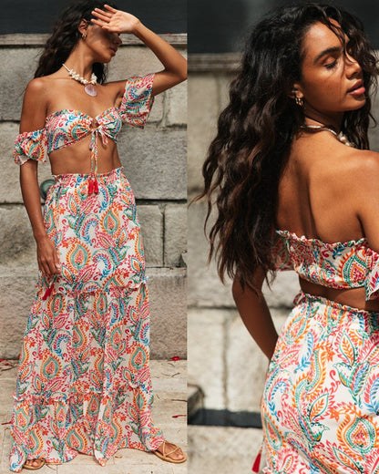 Damen Zweiteiliges Set Bluse Maxi Rock Floralmuster