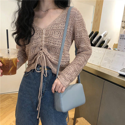 Damen Strickoberteil Häkel-Muster Bindebindung Beige