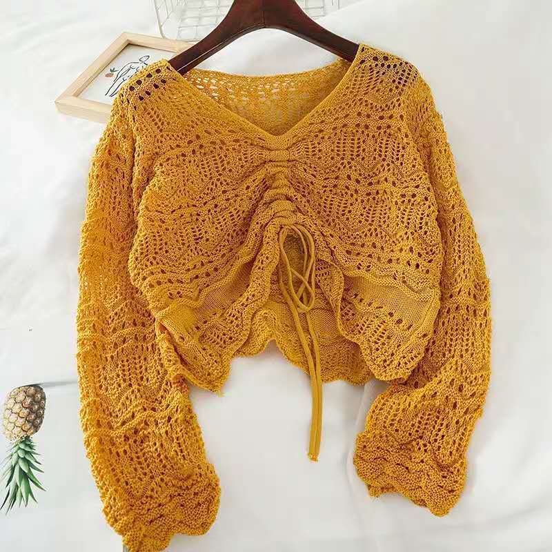 Damen Strickoberteil Häkel-Muster Bindebindung Beige