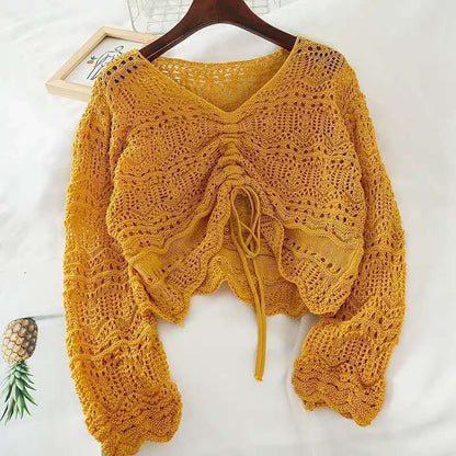 Damen Strickoberteil Häkel-Muster Bindebindung Beige