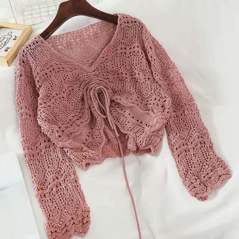 Damen Strickoberteil Häkel-Muster Bindebindung Beige