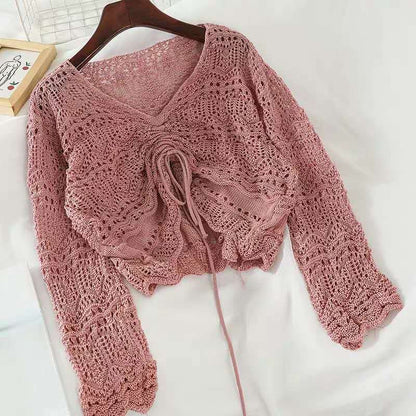 Damen Strickoberteil Häkel-Muster Bindebindung Beige