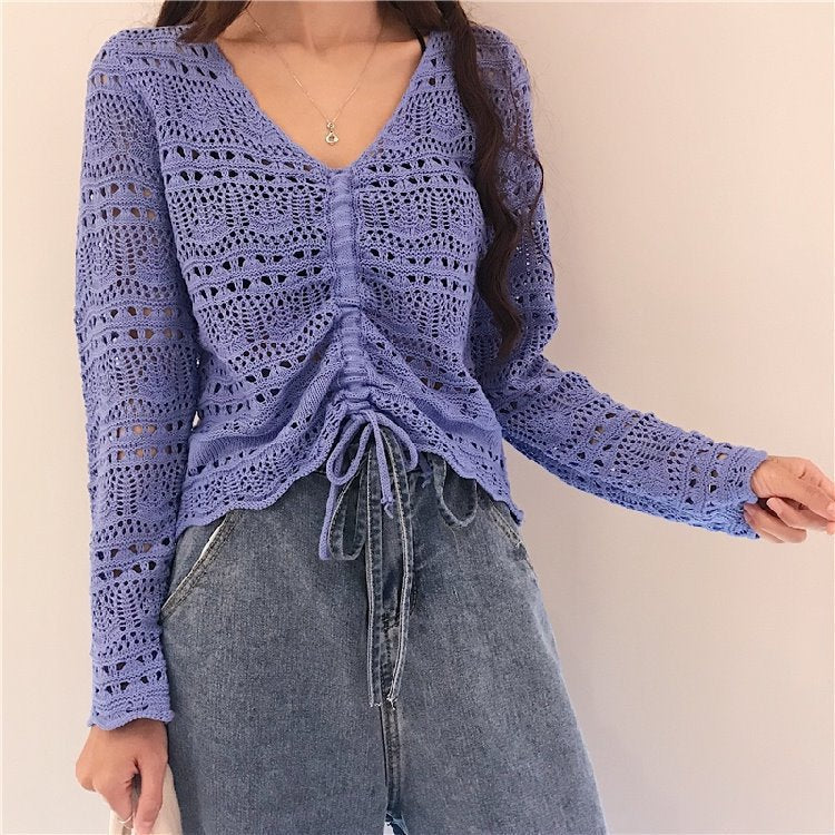 Damen Strickoberteil Häkel-Muster Bindebindung Beige