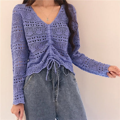 Damen Strickoberteil Häkel-Muster Bindebindung Beige