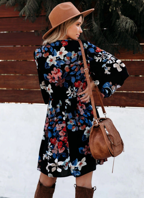 Damen Wickelkleid Boho-Stil Weite Ärmel Floralmuster Norvielle