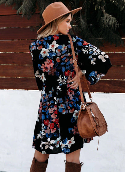 Damen Wickelkleid Boho-Stil Weite Ärmel Floralmuster Norvielle