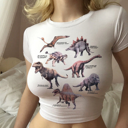 Damen Crop- Dinosaurier-Print Baumwolle Lässig