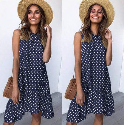 Damen A-Linien Kleid Rüschensaum Punkte Sommerlich