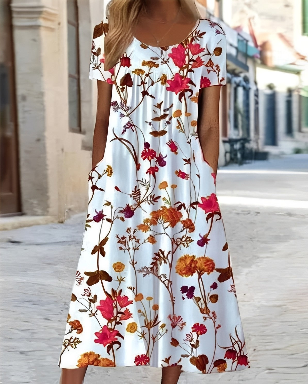 Damen Swingkleid Blumenmuster Baumwolle Leicht Rosa