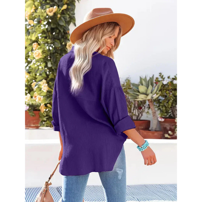 Damen Unifarben Bluse Knopfleiste Hemdkragen Langarm Elegante Bluse