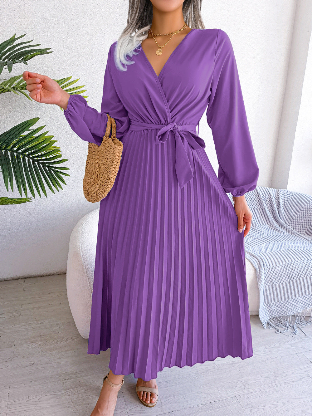 Damen Maxikleid Plissee Gürtel Elegantes