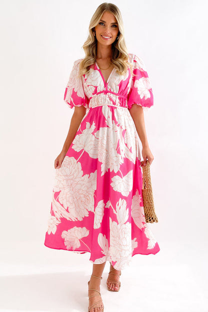 Norvielle Damen Maxi-Kleid Puffärmel Print