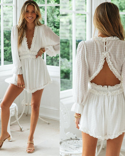 Damen Sommerjumpsuit Luftig Volant-Details Tiefes Dekolleté Norvielle