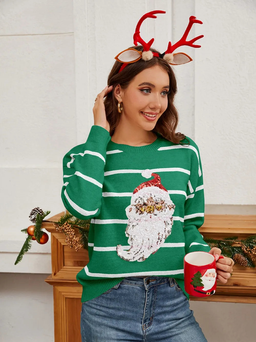Weihnachtspullover Damen Pailletten Santa Grün Rot