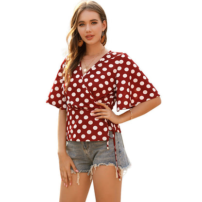 Damen Wickelbluse Polka-Dots Baumwolle Weiss