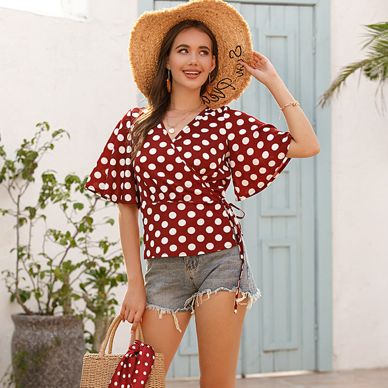 Damen Wickelbluse Polka-Dots Baumwolle Schwarz Weiss - Norvielle