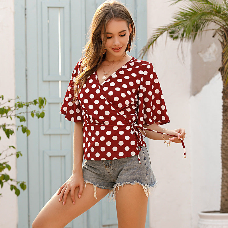 Damen Wickelbluse Polka-Dots Baumwolle Weiss