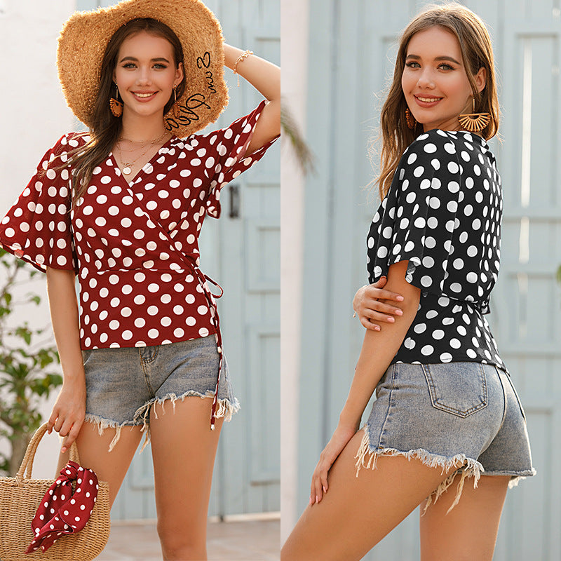 Damen Wickelbluse Polka-Dots Baumwolle Weiss