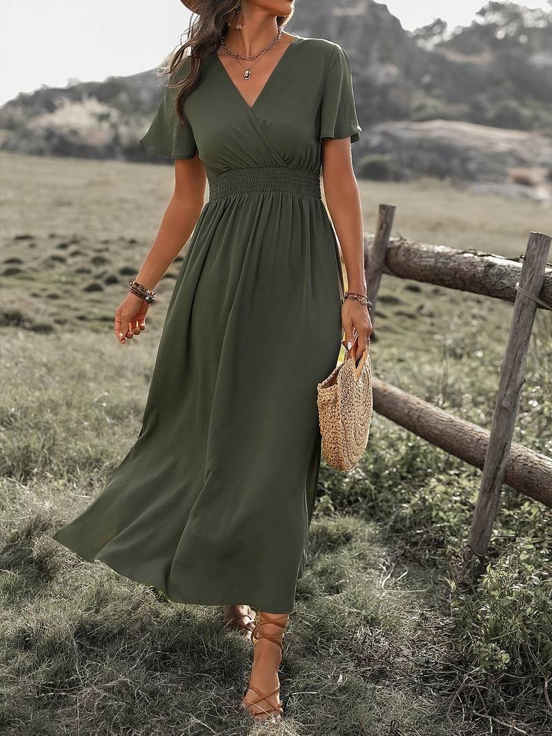 Damen Boho Maxi Kleid V-Ausschnitt Elegantes Design