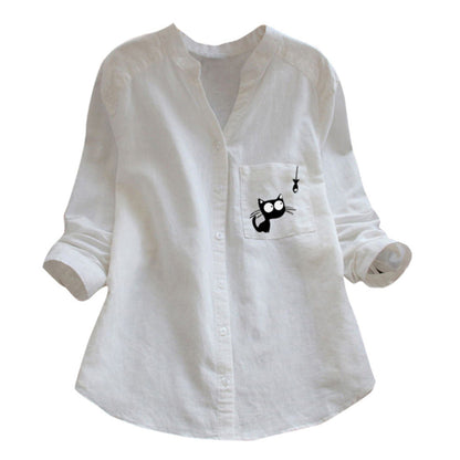 Damen Bluse Katzenmotiv Baumwolle Weiß