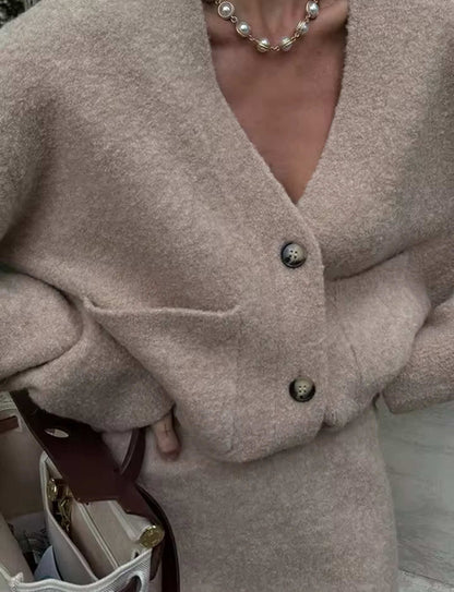 Marelle Damen Strick-Set Beige Cardigan Minirock