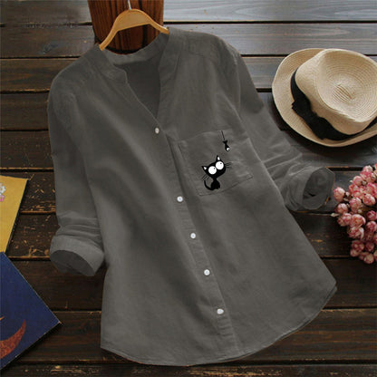 Damen Bluse Katzenmotiv Baumwolle Weiß