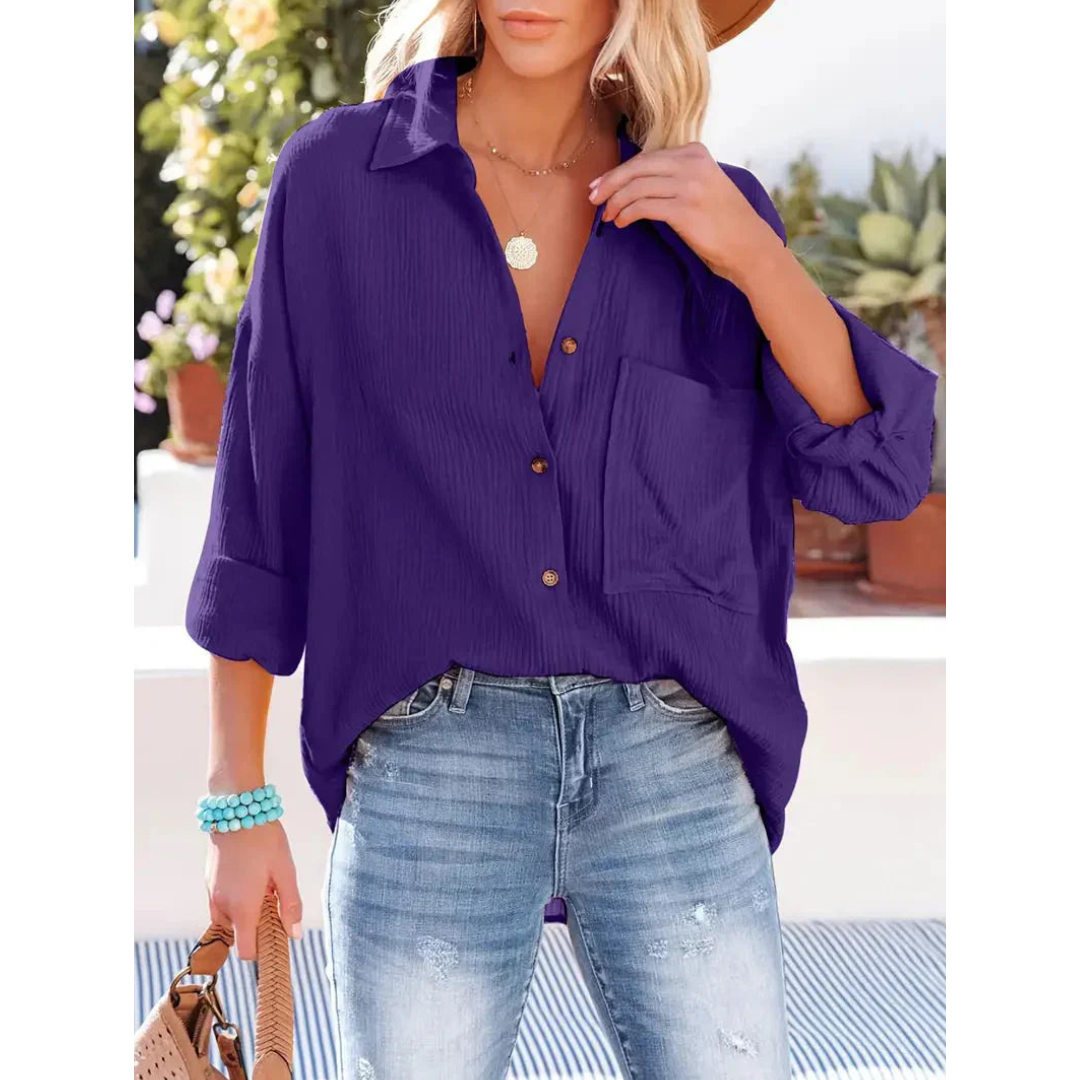Damen Unifarben Bluse Knopfleiste Hemdkragen Langarm Elegante Bluse