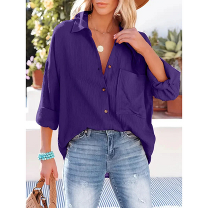 Damen Unifarben Bluse Knopfleiste Hemdkragen Langarm Elegante Bluse