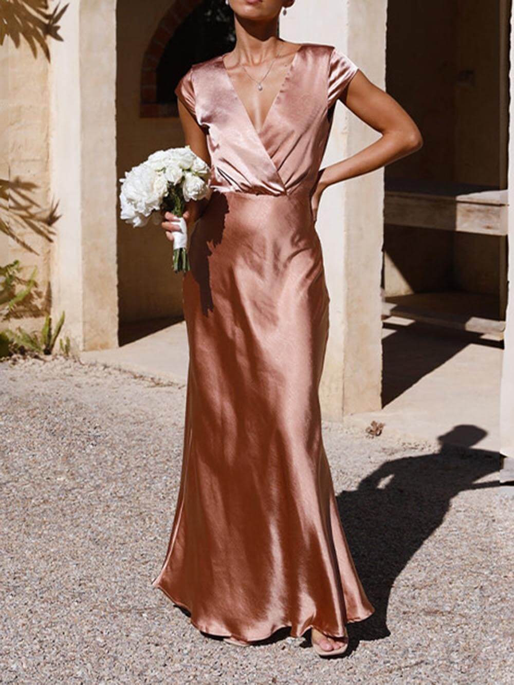 Damen Maxikleid Satin Fishtail V-Ausschnitt