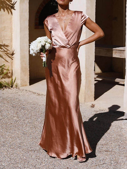 Damen Maxikleid Satin Fishtail V-Ausschnitt