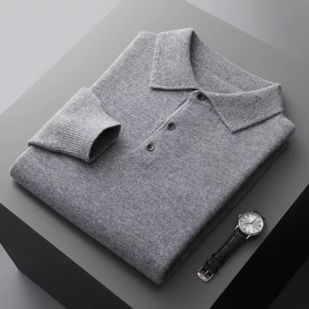 Herren Polo Pullover Strick Langarm Beige