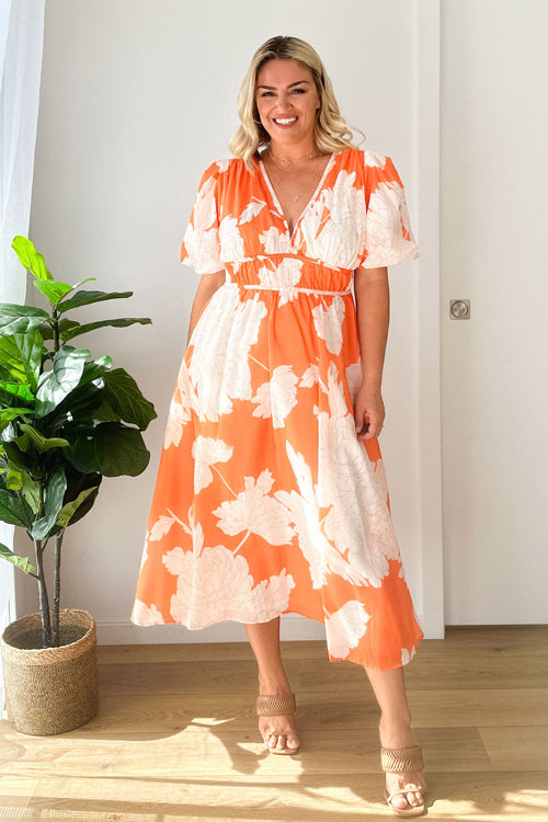 Norvielle Damen Maxi-Kleid Puffärmel Print