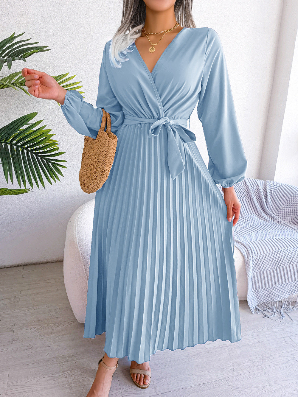 Damen Maxikleid Elegantes Faltenkleid mit Taillengürtel