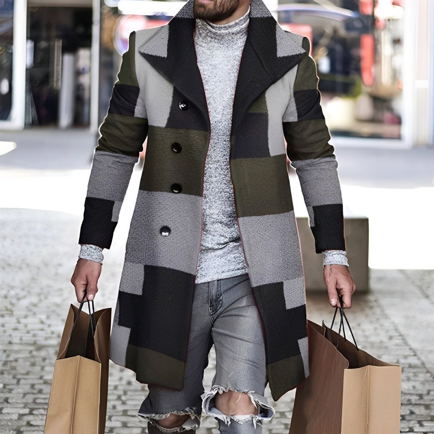 Herren Wollmantel Karomuster Terrystoff