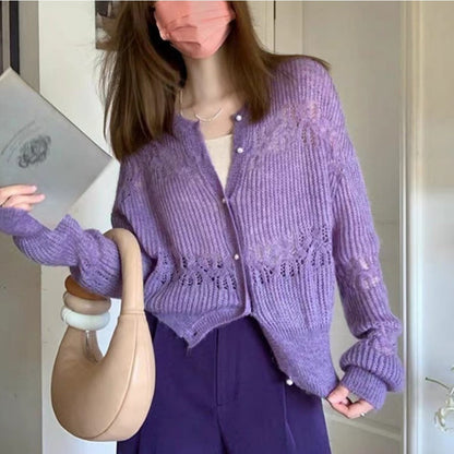 Damen Langarm Cardigan Lila Strick - Norvielle