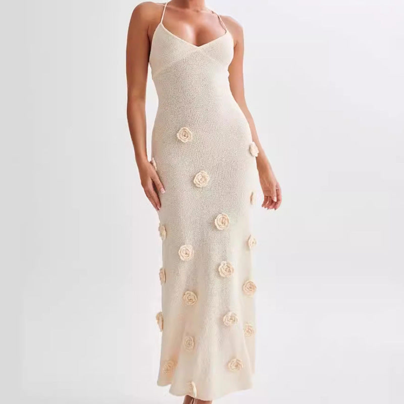 Damen Maxikleid Spaghettiträger 3D Blumenapplikation - Norvielle